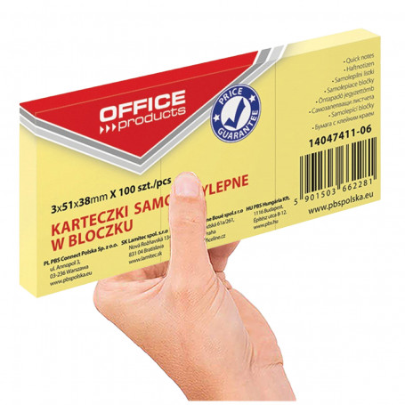 Bloczek samoprzylepny OFFICE PRODUCTS, 38x51mm, 1x100 kart., pastel, jasnożółty